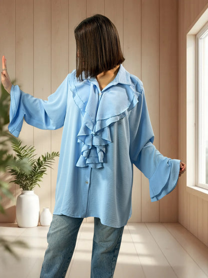 PRALINE - CHEMISE BLEUE A JABOT TAILLE 46 A 52/54