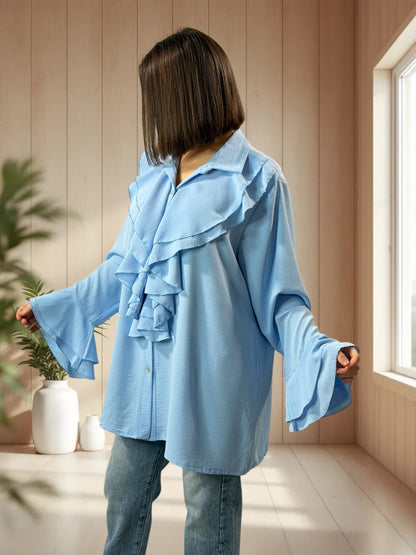 PRALINE - CHEMISE BLEUE A JABOT TAILLE 46 A 52/54