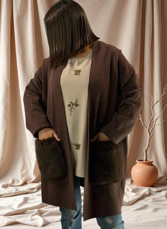 LULU - GILET OVERSIZE MARRON JUSQU'A LA TAILLE 50/52