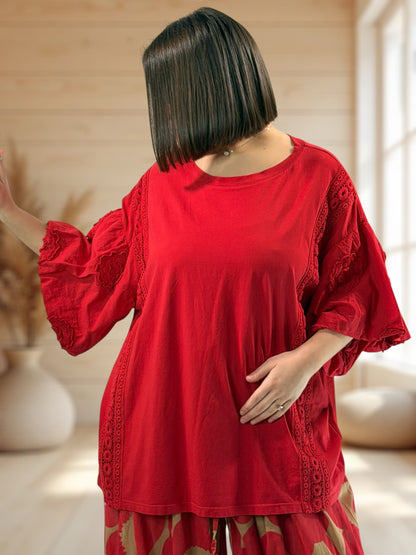 EMILIO - T-SHIRT ROUGE MANCHES BRODEES JUSQU'A LA TAILLE 54