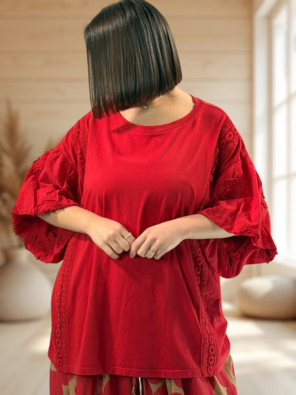 EMILIO - T-SHIRT ROUGE MANCHES BRODEES JUSQU'A LA TAILLE 54