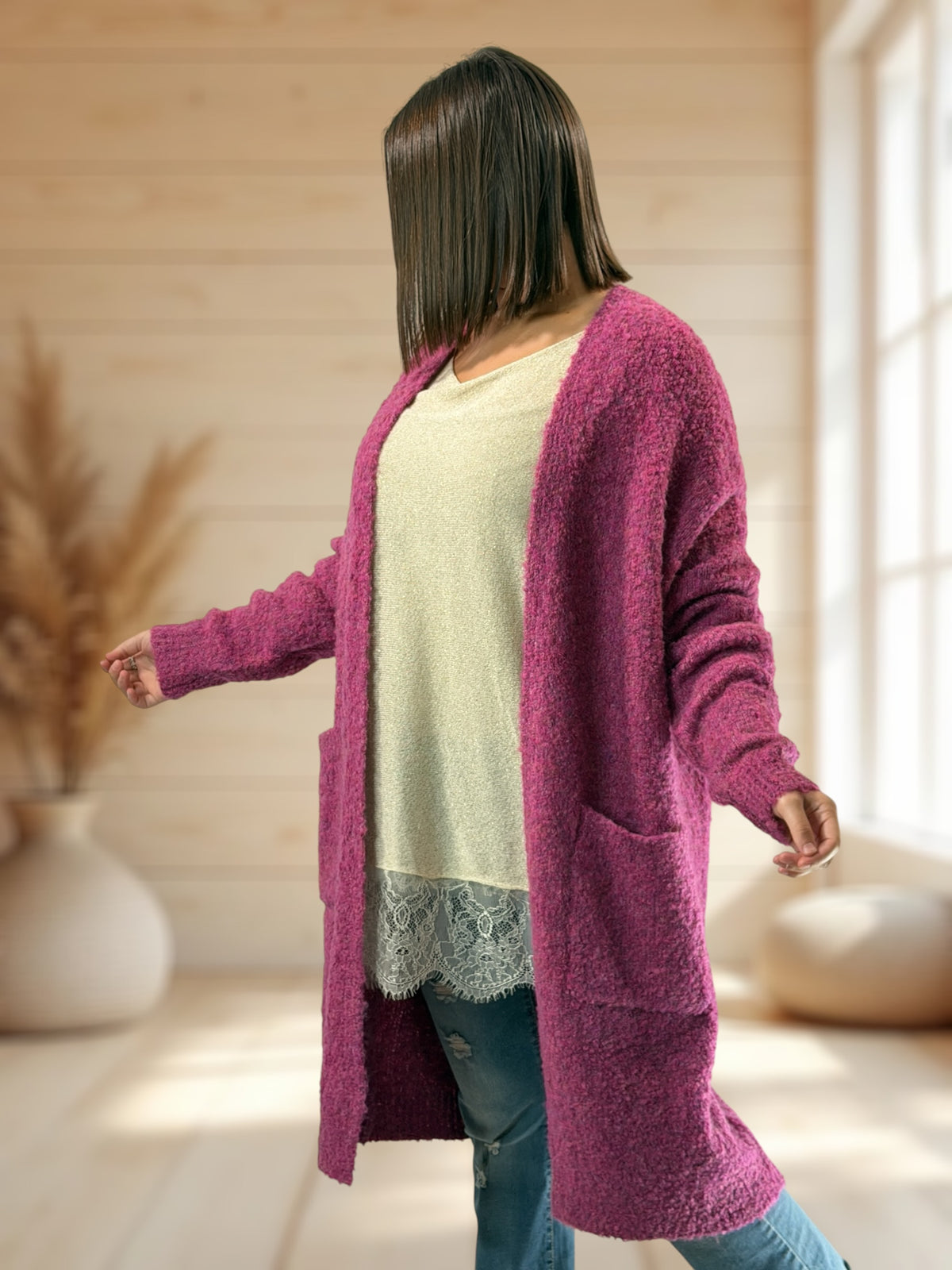 MIMI - GILET OVERSIZE FRAMBOISE JUSQU'A LA TAILLE 50/52