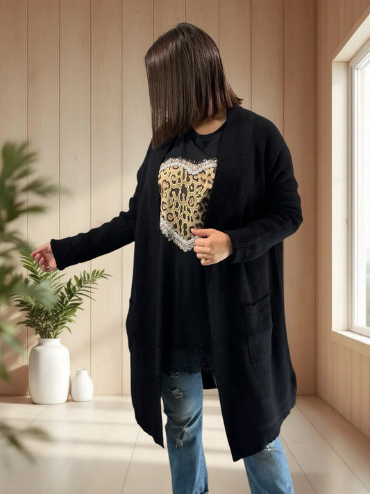 VANINA - GILET OVERSIZE NOIR JUSQU'A LA TAILLE 50/52