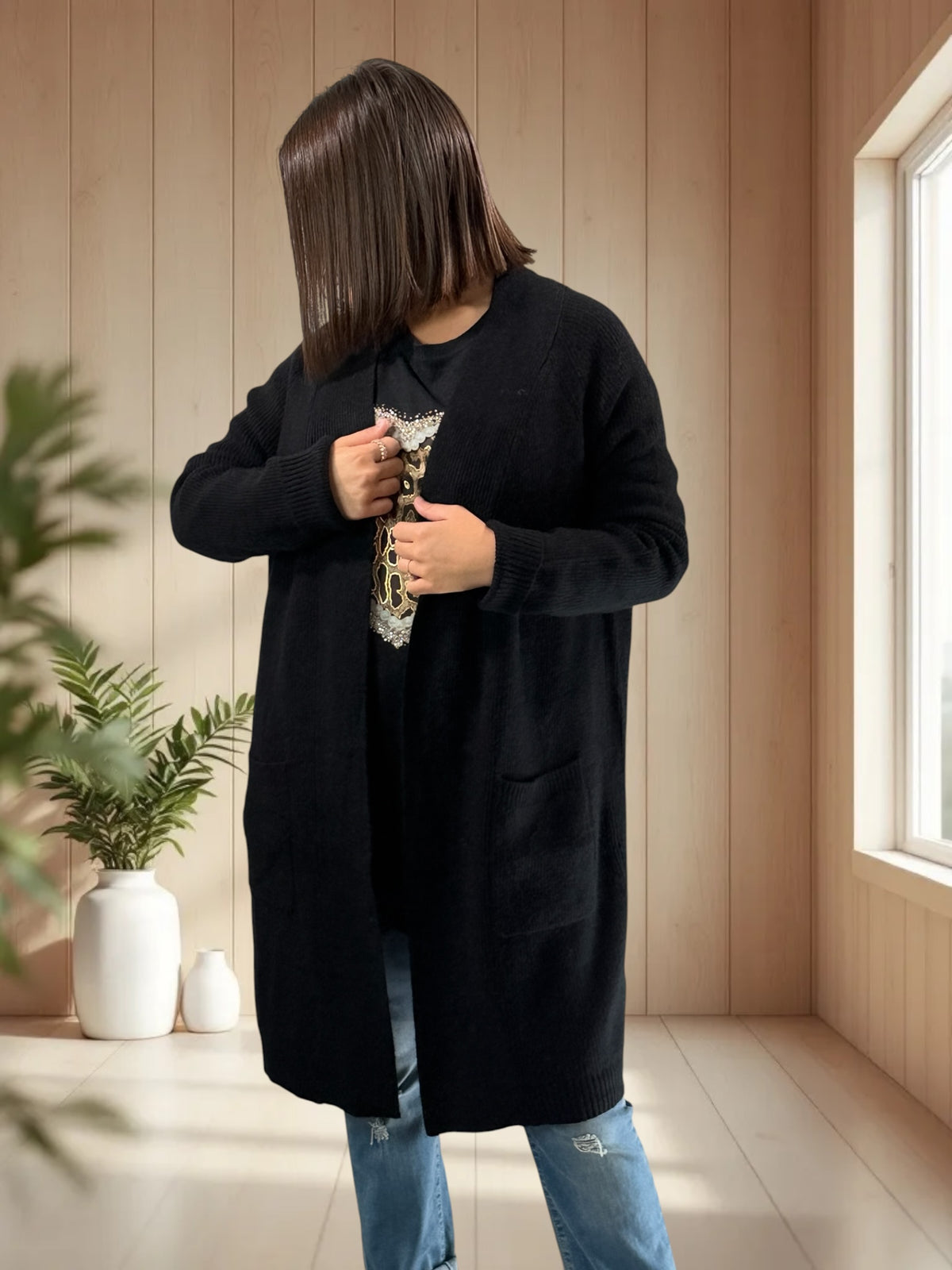 VANINA - GILET OVERSIZE NOIR JUSQU'A LA TAILLE 50/52