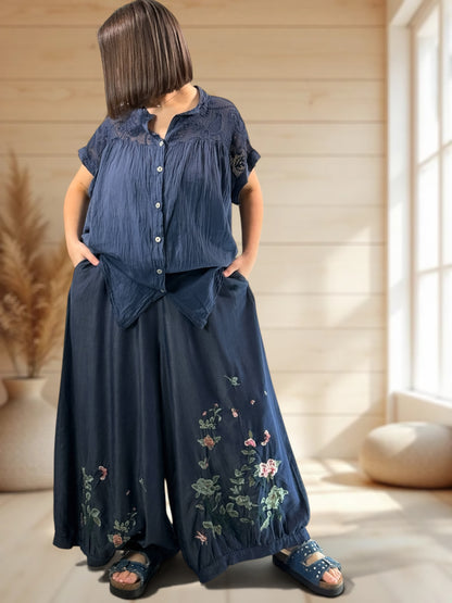 MARVIN - PANTALON FLUIDE BRODE  EN JEAN LYOCELL JUSQUA LA TAILLE 54