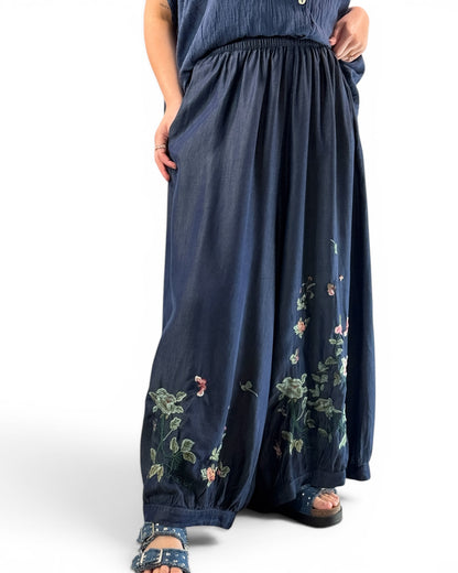 MARVIN - PANTALON FLUIDE BRODE  EN JEAN LYOCELL JUSQUA LA TAILLE 54