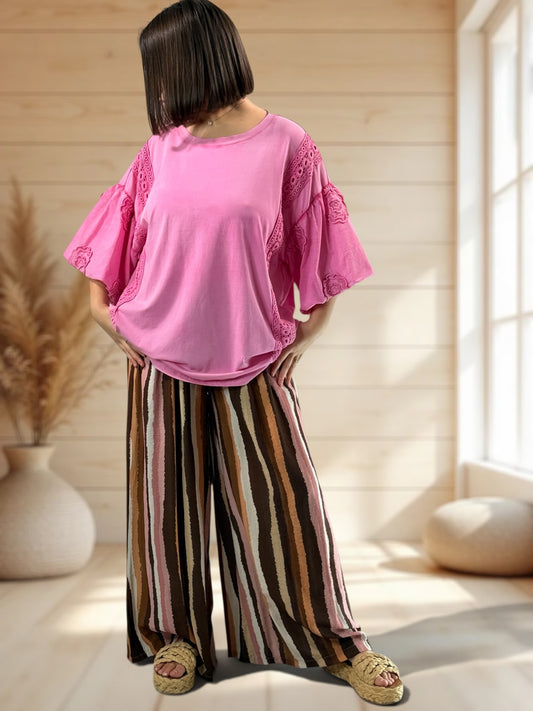 EMILIO - T-SHIRT ROSE MANCHES BRODEES JUSQU'A LA TAILLE 54