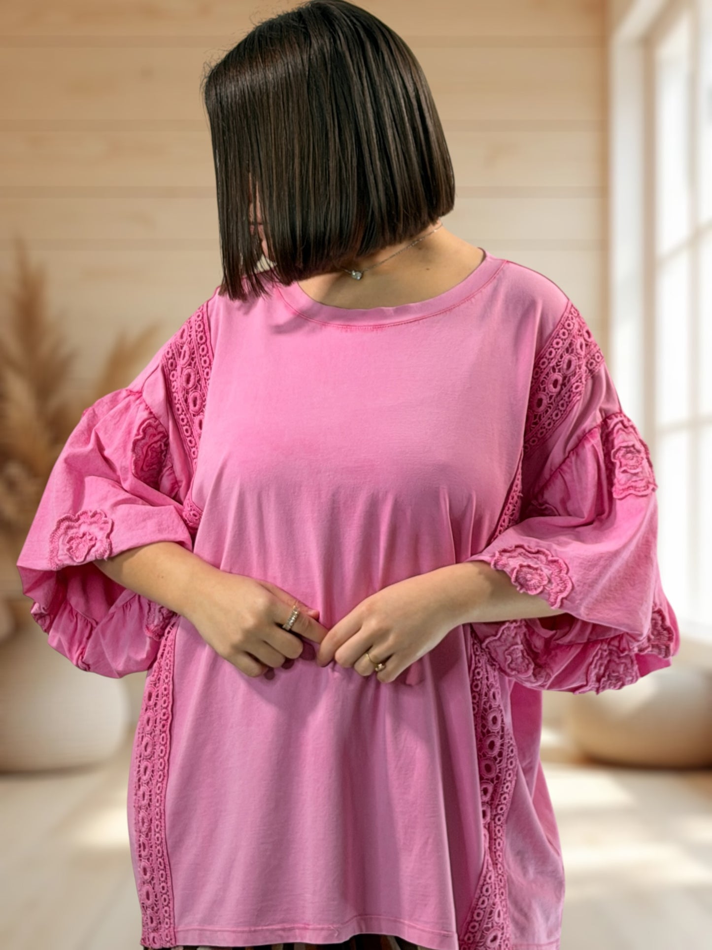 EMILIO - T-SHIRT ROSE MANCHES BRODEES JUSQU'A LA TAILLE 54