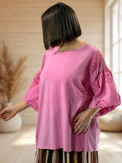 EMILIO - T-SHIRT ROSE MANCHES BRODEES JUSQU'A LA TAILLE 54