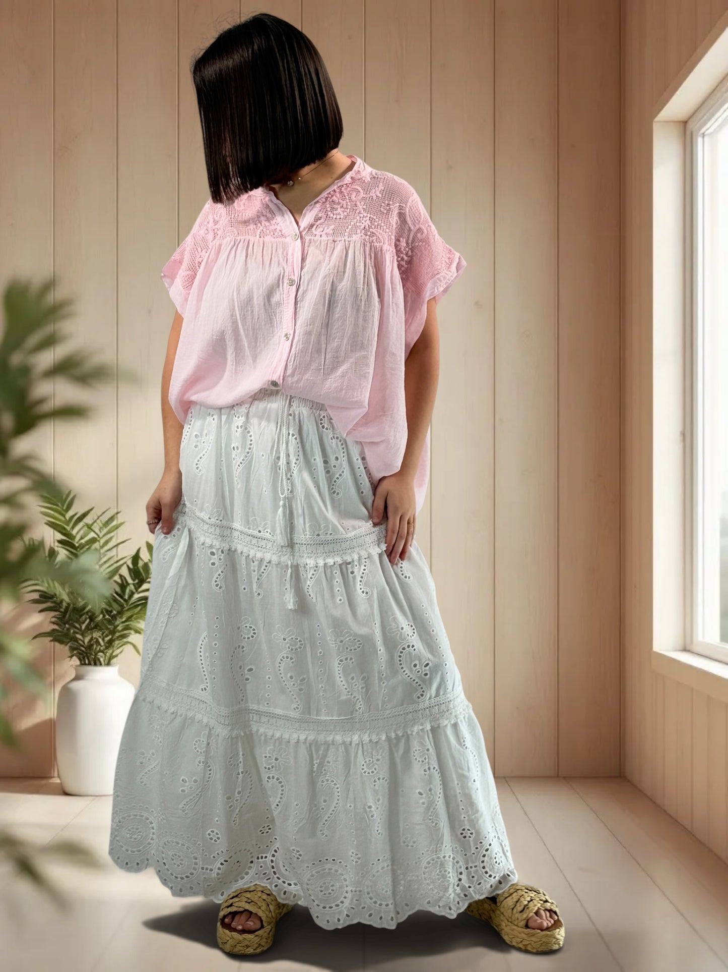 LUCIE - JUPON BOHEME EN BRODERIE ANGLAISE BLANC JUSQU'A LA TAILLE 48/50
