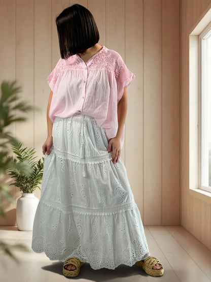 LUCIE - JUPON BOHEME EN BRODERIE ANGLAISE BLANC JUSQU'A LA TAILLE 48/50