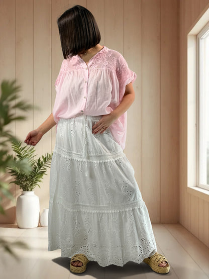 LUCIE - JUPON BOHEME EN BRODERIE ANGLAISE BLANC JUSQU'A LA TAILLE 48/50