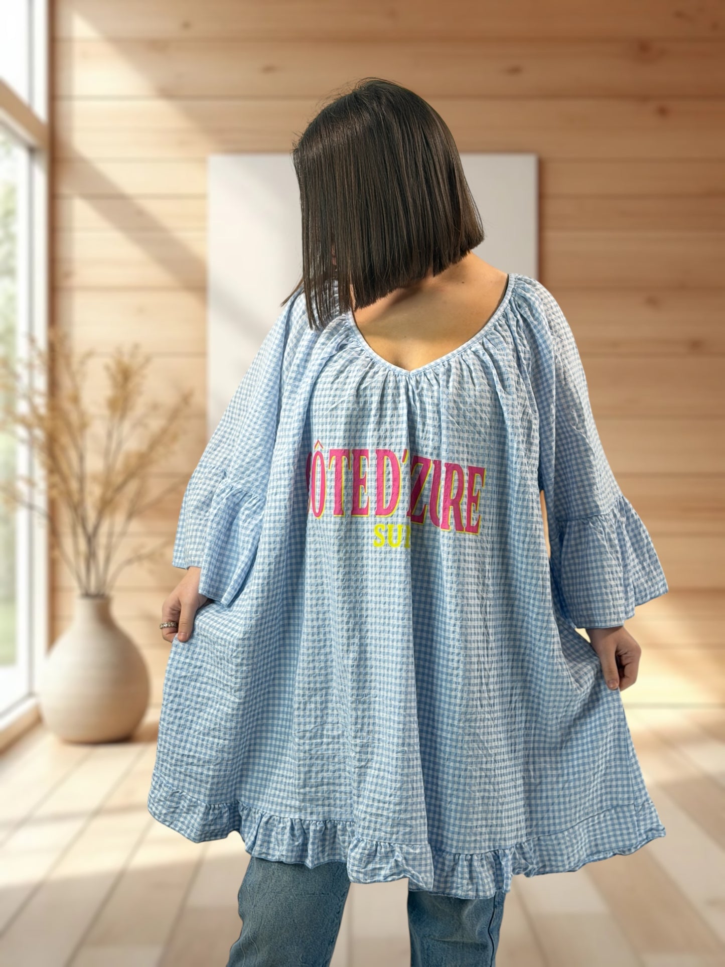 NICE  - TUNIQUE VICHY BLEU CIEL JUSQU'A LA TAILLE 54