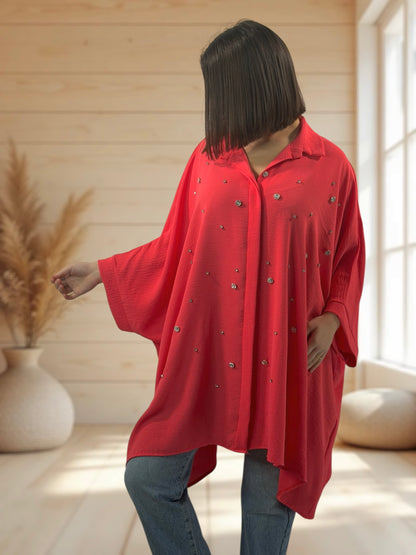 LUCYLOU  - TUNIQUE CORAIL OVERSIZE AVEC STRASS JUSQU'A LA TAILLE 60