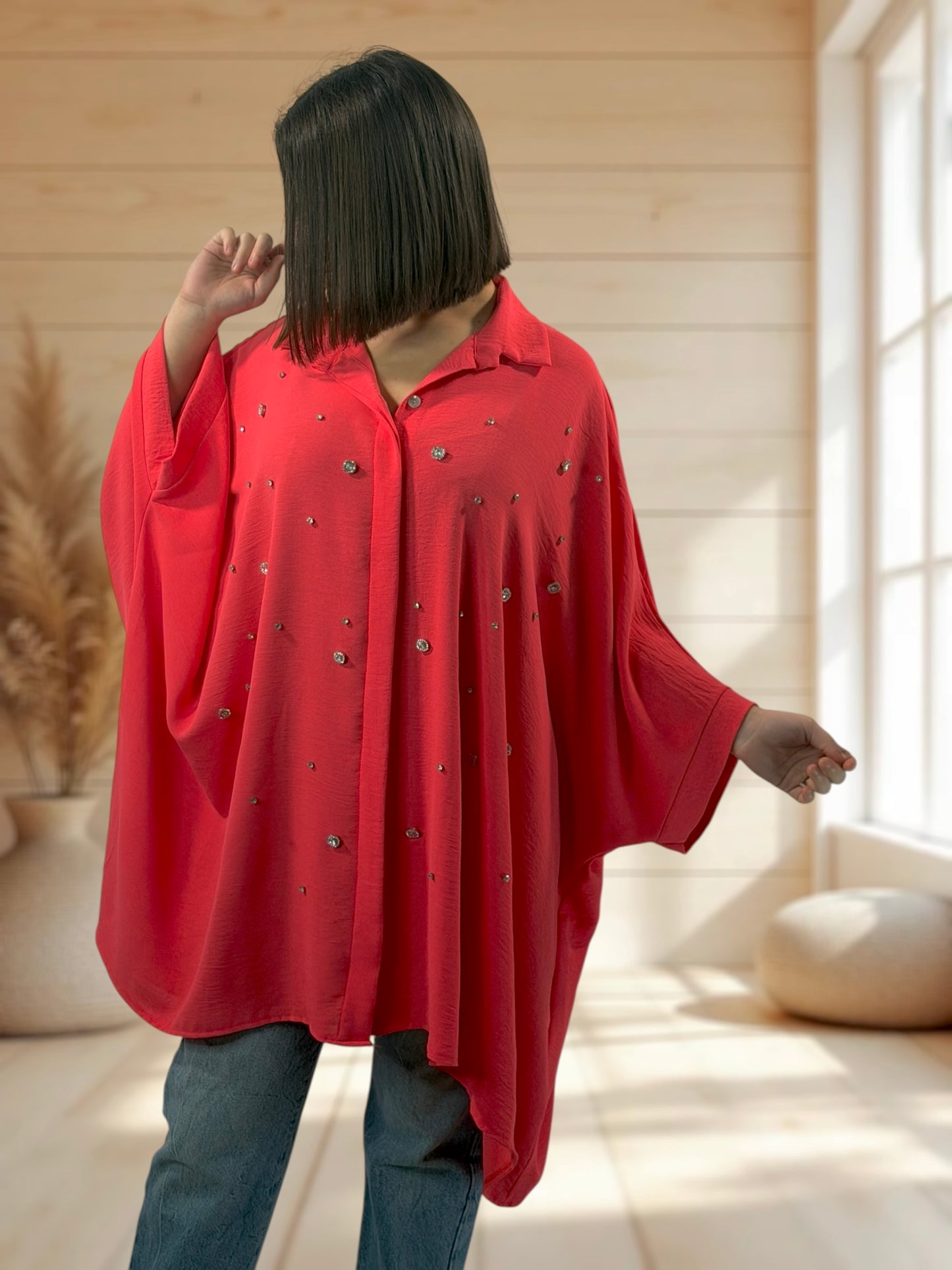 LUCYLOU  - TUNIQUE CORAIL OVERSIZE AVEC STRASS JUSQU'A LA TAILLE 60