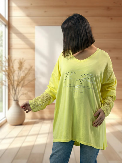 LOVELY - TEE-SHIRT JAUNE MANCHES EN DENTELLE JUSQU'A LA TAILLE 54