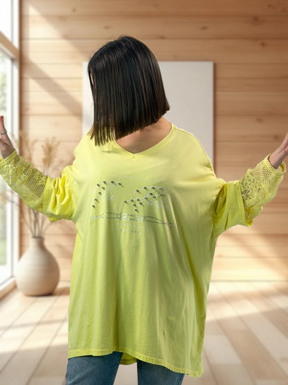 LOVELY - TEE-SHIRT JAUNE MANCHES EN DENTELLE JUSQU'A LA TAILLE 54
