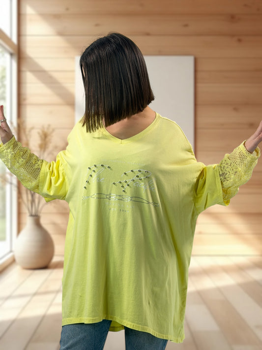 LOVELY - TEE-SHIRT JAUNE MANCHES EN DENTELLE JUSQU'A LA TAILLE 54