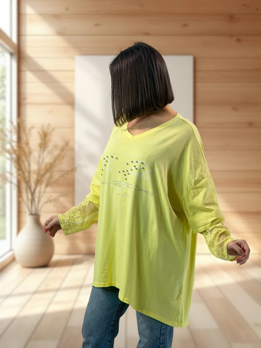 LOVELY - TEE-SHIRT JAUNE MANCHES EN DENTELLE JUSQU'A LA TAILLE 54