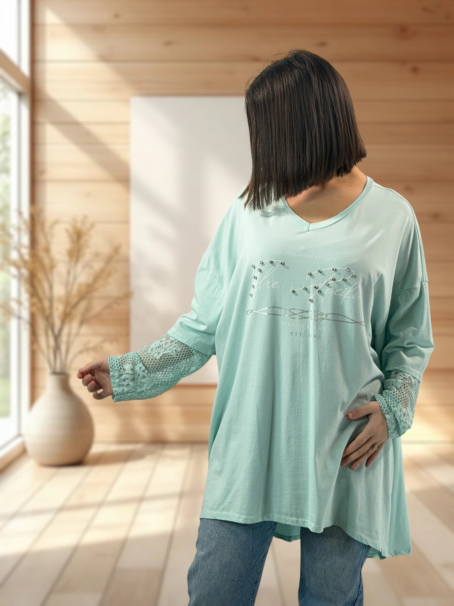 LOVELY - TEE-SHIRT LAGON MANCHES EN DENTELLE JUSQU'A LA TAILLE 54