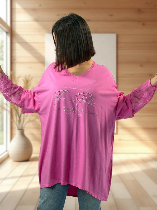 LOVELY - TEE-SHIRT ROSE MANCHES EN DENTELLE JUSQU'A LA TAILLE 54