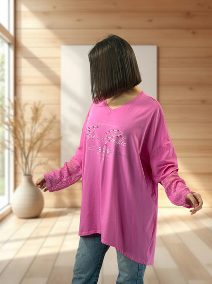LOVELY - TEE-SHIRT ROSE MANCHES EN DENTELLE JUSQU'A LA TAILLE 54