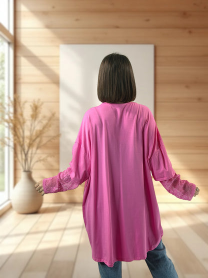 LOVELY - TEE-SHIRT ROSE MANCHES EN DENTELLE JUSQU'A LA TAILLE 54
