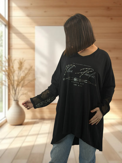 LOVELY - TEE-SHIRT NOIR MANCHES EN DENTELLE JUSQU'A LA TAILLE 54