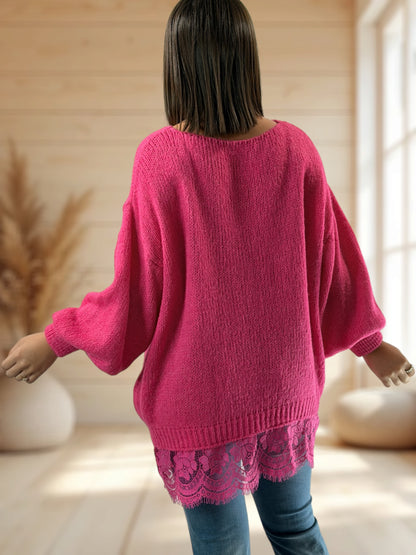 NINA - PULL OVERSIZE FUCHSIA AVEC DENTELLE JUSQU'A LA TAILLE 54/56