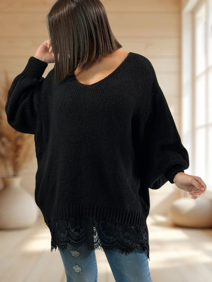 NINA - PULL OVERSIZE NOIR AVEC DENTELLE JUSQU'A LA TAILLE 54/56