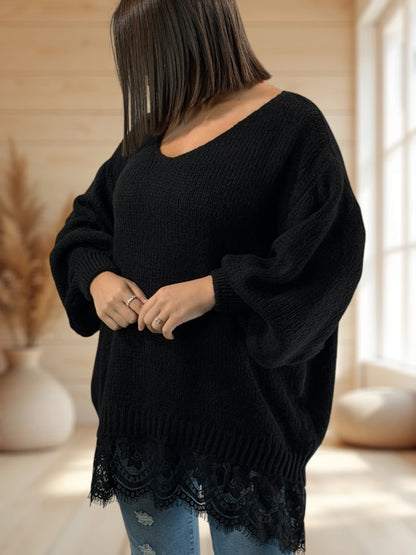 NINA - PULL OVERSIZE NOIR AVEC DENTELLE JUSQU'A LA TAILLE 54/56