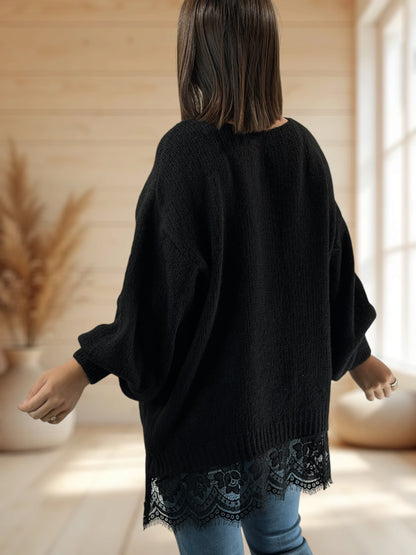 NINA - PULL OVERSIZE NOIR AVEC DENTELLE JUSQU'A LA TAILLE 54/56