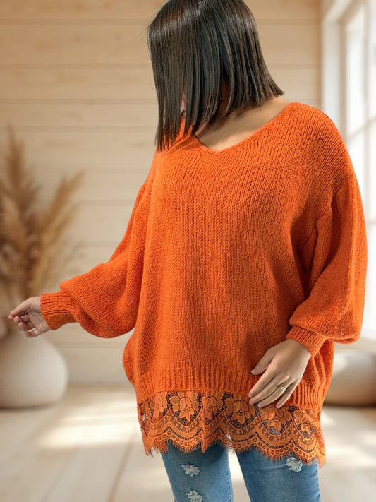 NINA - PULL OVERSIZE ORANGE AVEC DENTELLE JUSQU'A LA TAILLE 54/56