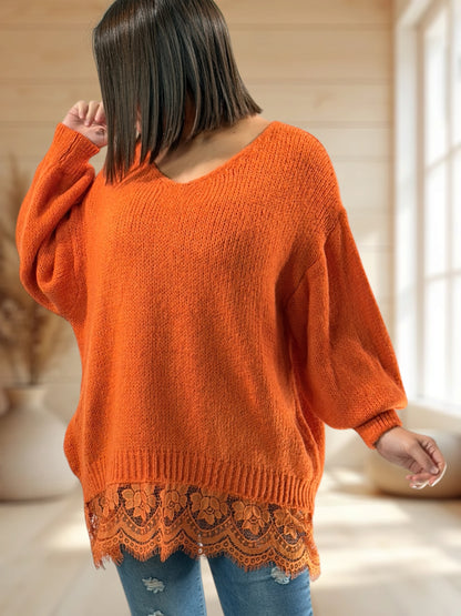 NINA - PULL OVERSIZE ORANGE AVEC DENTELLE JUSQU'A LA TAILLE 54/56
