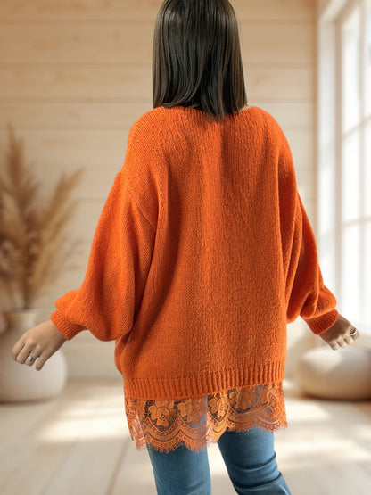 NINA - PULL OVERSIZE ORANGE AVEC DENTELLE JUSQU'A LA TAILLE 54/56