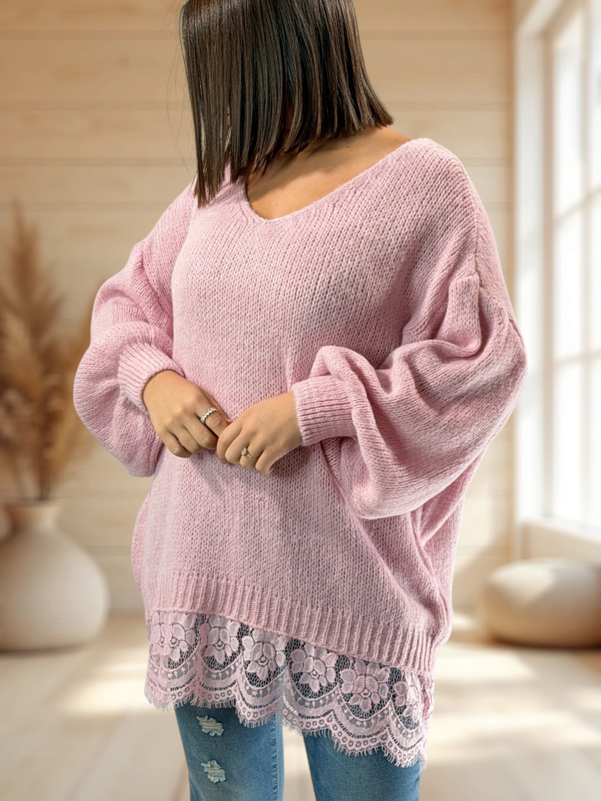 NINA - PULL OVERSIZE ROSE AVEC DENTELLE JUSQU'A LA TAILLE 54/56