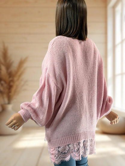NINA - PULL OVERSIZE ROSE AVEC DENTELLE JUSQU'A LA TAILLE 54/56