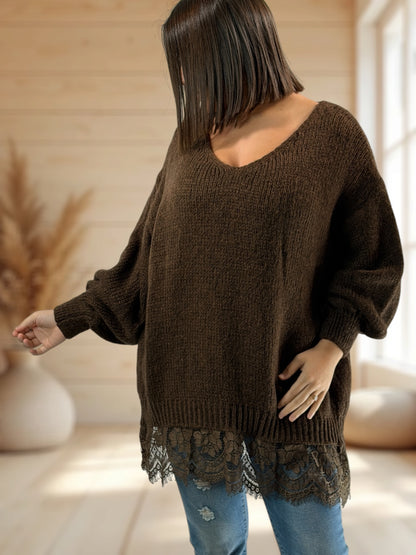 NINA - PULL OVERSIZE MARRON AVEC DENTELLE JUSQU'A LA TAILLE 54/56