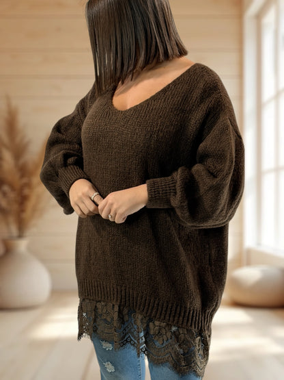 NINA - PULL OVERSIZE MARRON AVEC DENTELLE JUSQU'A LA TAILLE 54/56