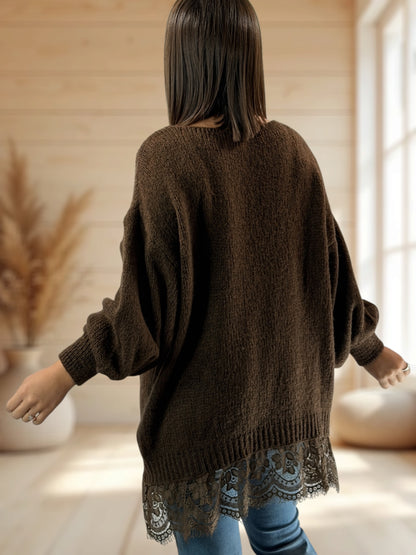 NINA - PULL OVERSIZE MARRON AVEC DENTELLE JUSQU'A LA TAILLE 54/56