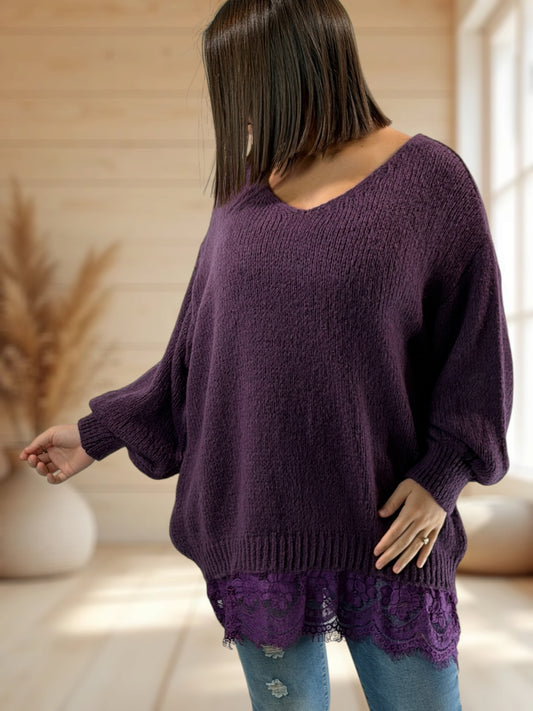 NINA - PULL OVERSIZE RAISIN AVEC DENTELLE JUSQU'A LA TAILLE 54/56