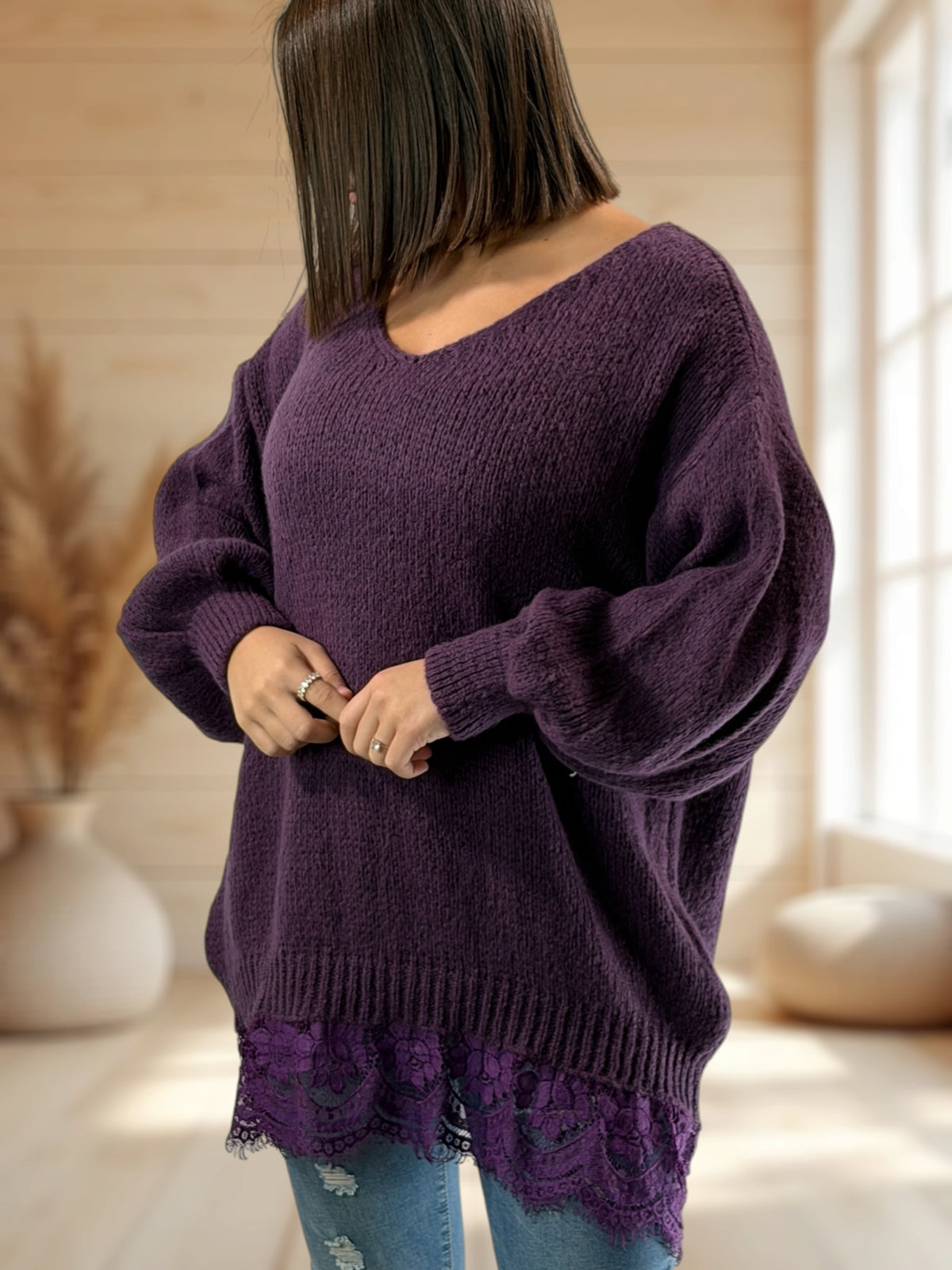 NINA - PULL OVERSIZE RAISIN AVEC DENTELLE JUSQU'A LA TAILLE 54/56