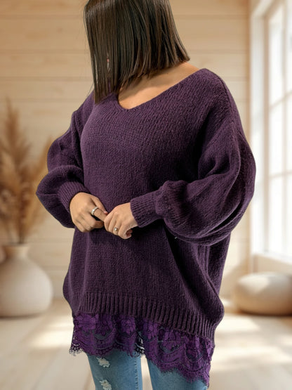 NINA - PULL OVERSIZE RAISIN AVEC DENTELLE JUSQU'A LA TAILLE 54/56