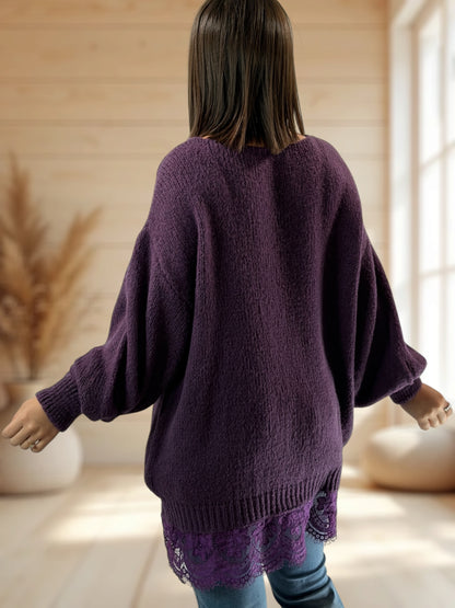 NINA - PULL OVERSIZE RAISIN AVEC DENTELLE JUSQU'A LA TAILLE 54/56