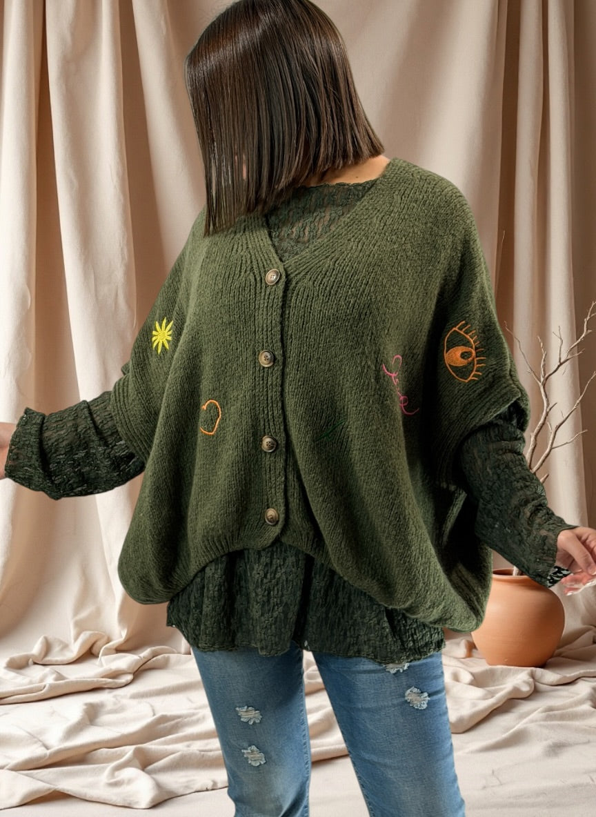 SOPHIA - GILET OVERSIZE KAKI BRODE JUSQU'A LA TAILLE 56