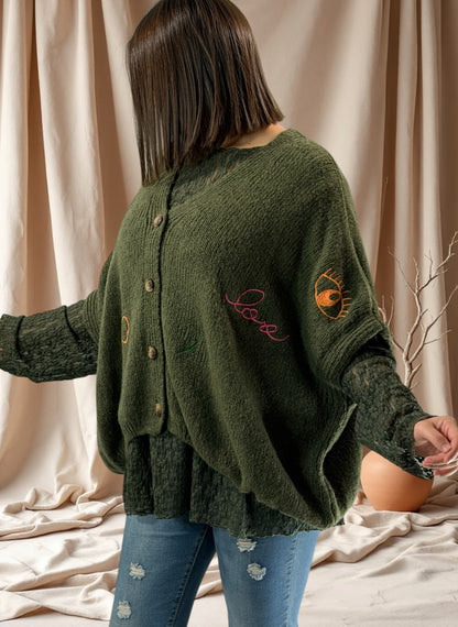 SOPHIA - GILET OVERSIZE KAKI BRODE JUSQU'A LA TAILLE 56