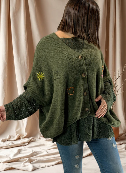 SOPHIA - GILET OVERSIZE KAKI BRODE JUSQU'A LA TAILLE 56
