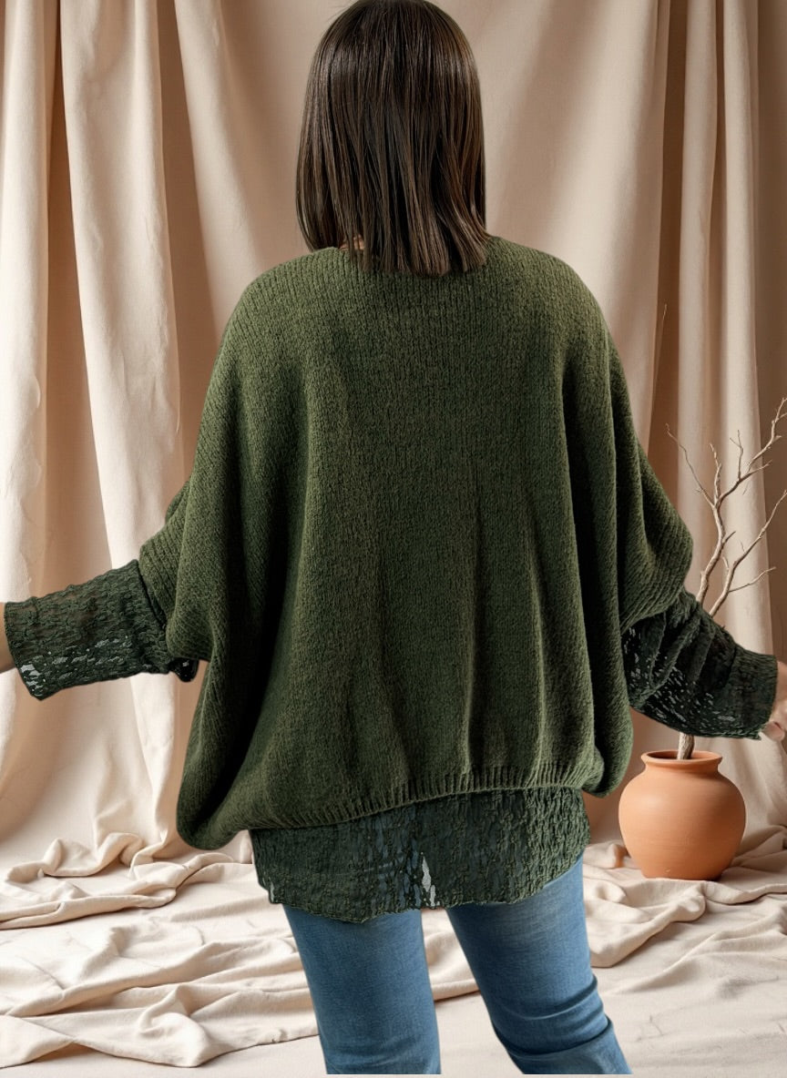 SOPHIA - GILET OVERSIZE KAKI BRODE JUSQU'A LA TAILLE 56