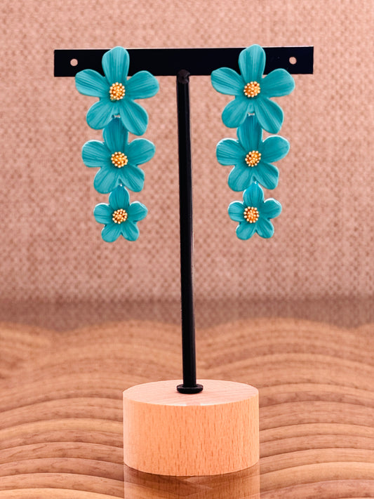 ALICIA - BOUCLES D'OREILLES BLEU CANARD 3 FLEURS