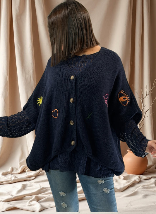 SOPHIA - GILET OVERSIZE MARINE BRODE JUSQU'A LA TAILLE 56